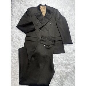 Vintage 1980's Double Breasted Suit Mens 2 Piece 38 R Brown Chalk Stripe Falcone